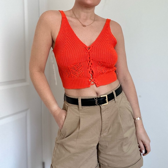 Crochet Knit Lace Up Front Crop Top - Picture 1 of 7